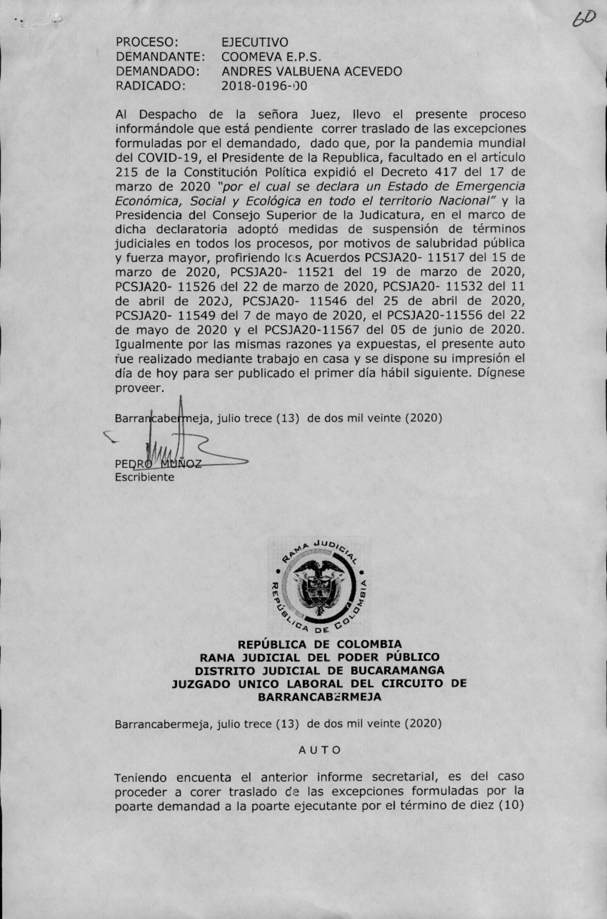 AUTO Ejecutivo 20180196 Corre Traslado Excepciones Derecho Procesal