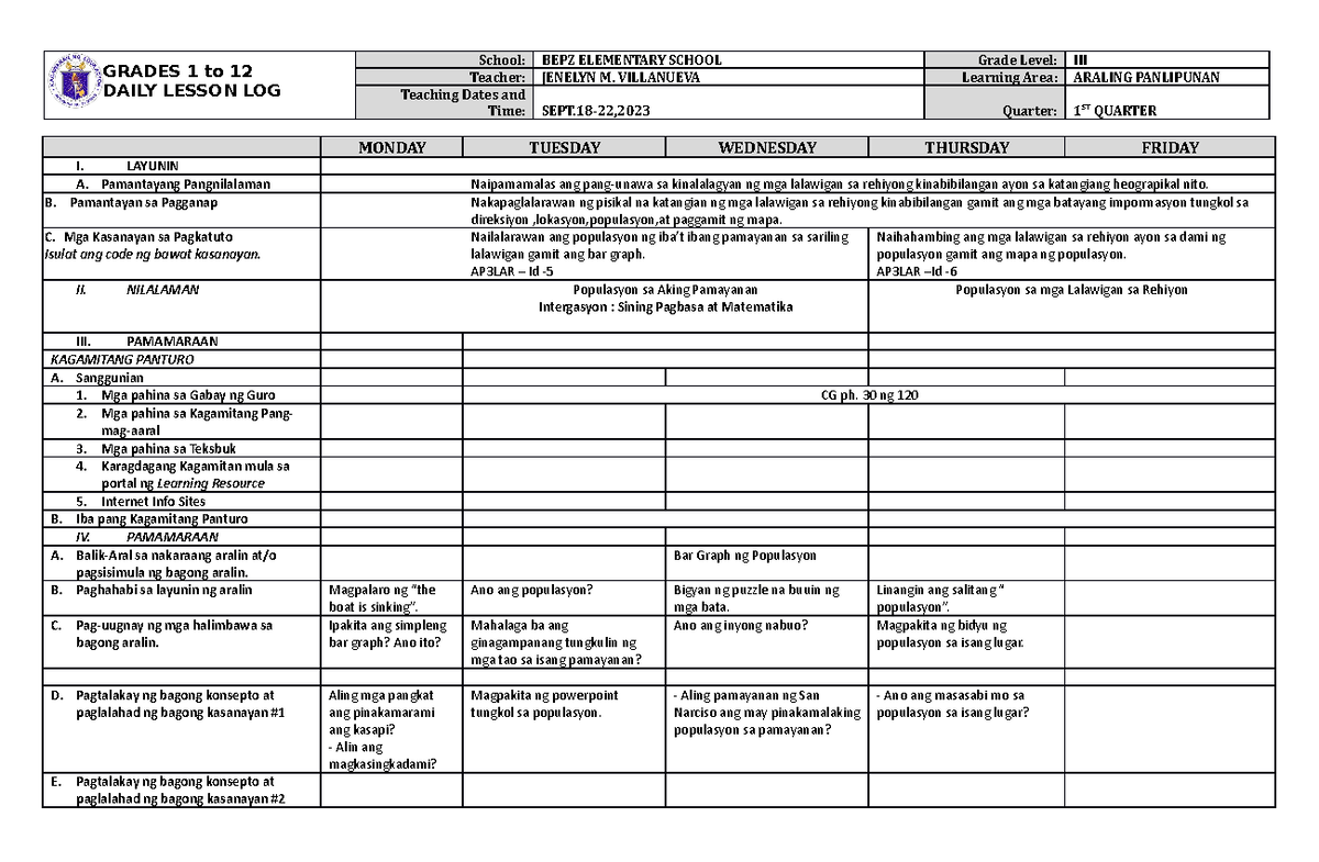 DLL Araling Panlipunan 3 Q1 W4 - GRADES 1 to 12 DAILY LESSON LOG School ...