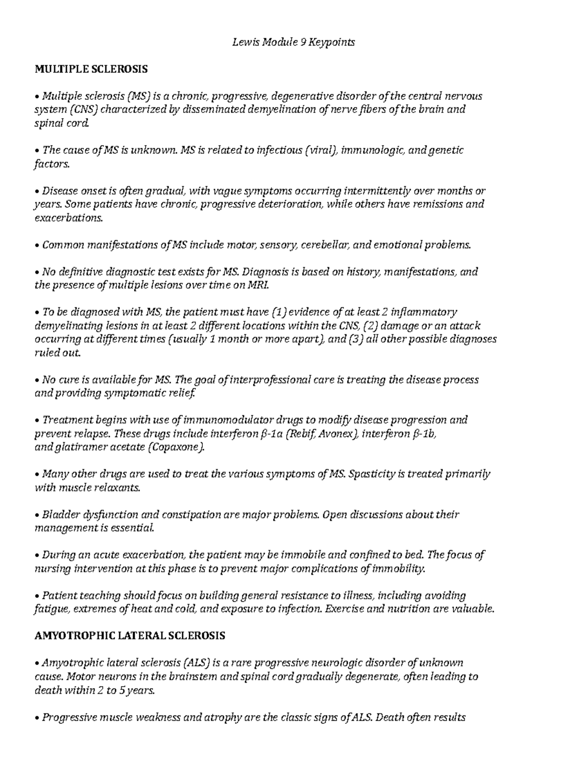Lewis Module 9 Keypoints - Lewis Module 9 Keypoints MULTIPLE SCLEROSIS ...