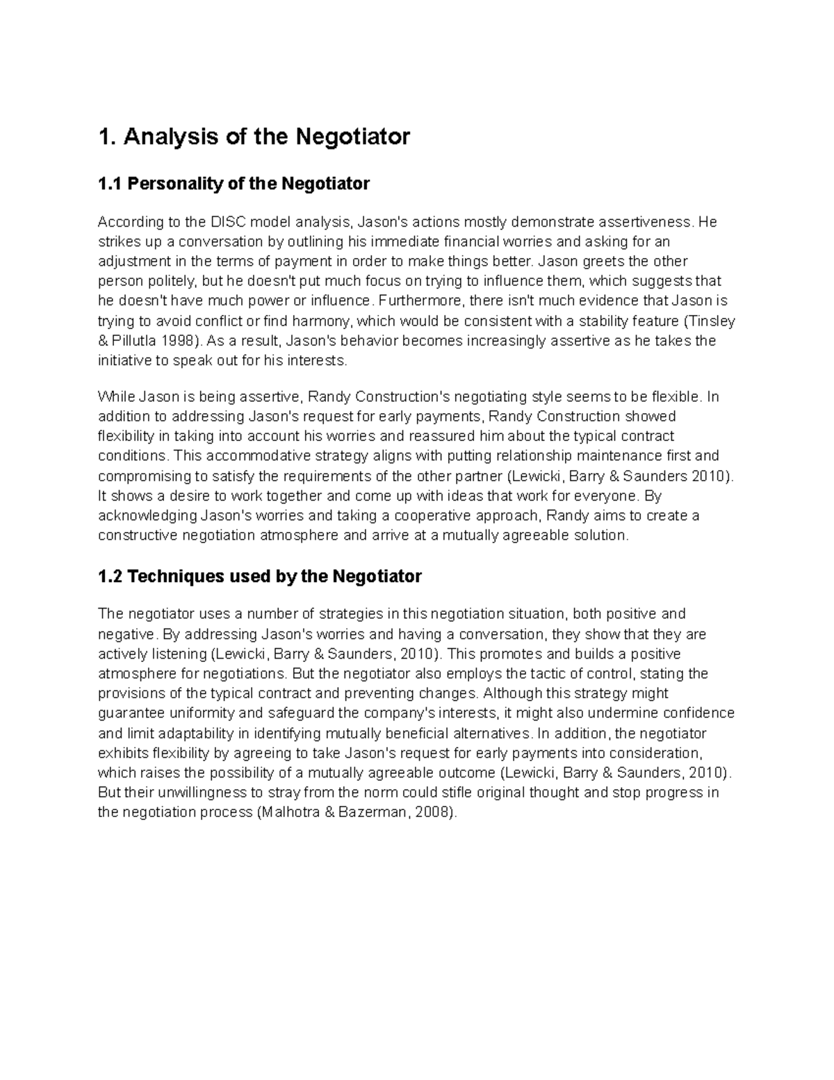 BDLG3008 Negotiation in the Built Environment - 1. Analysis of the ...
