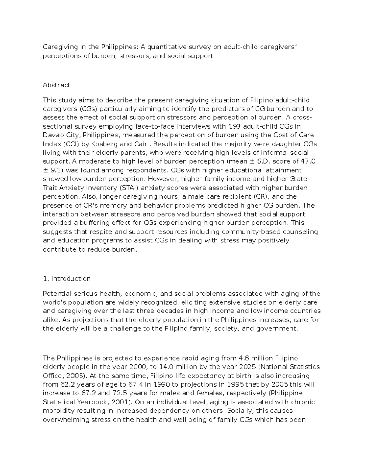 quantitative research title about caregiving