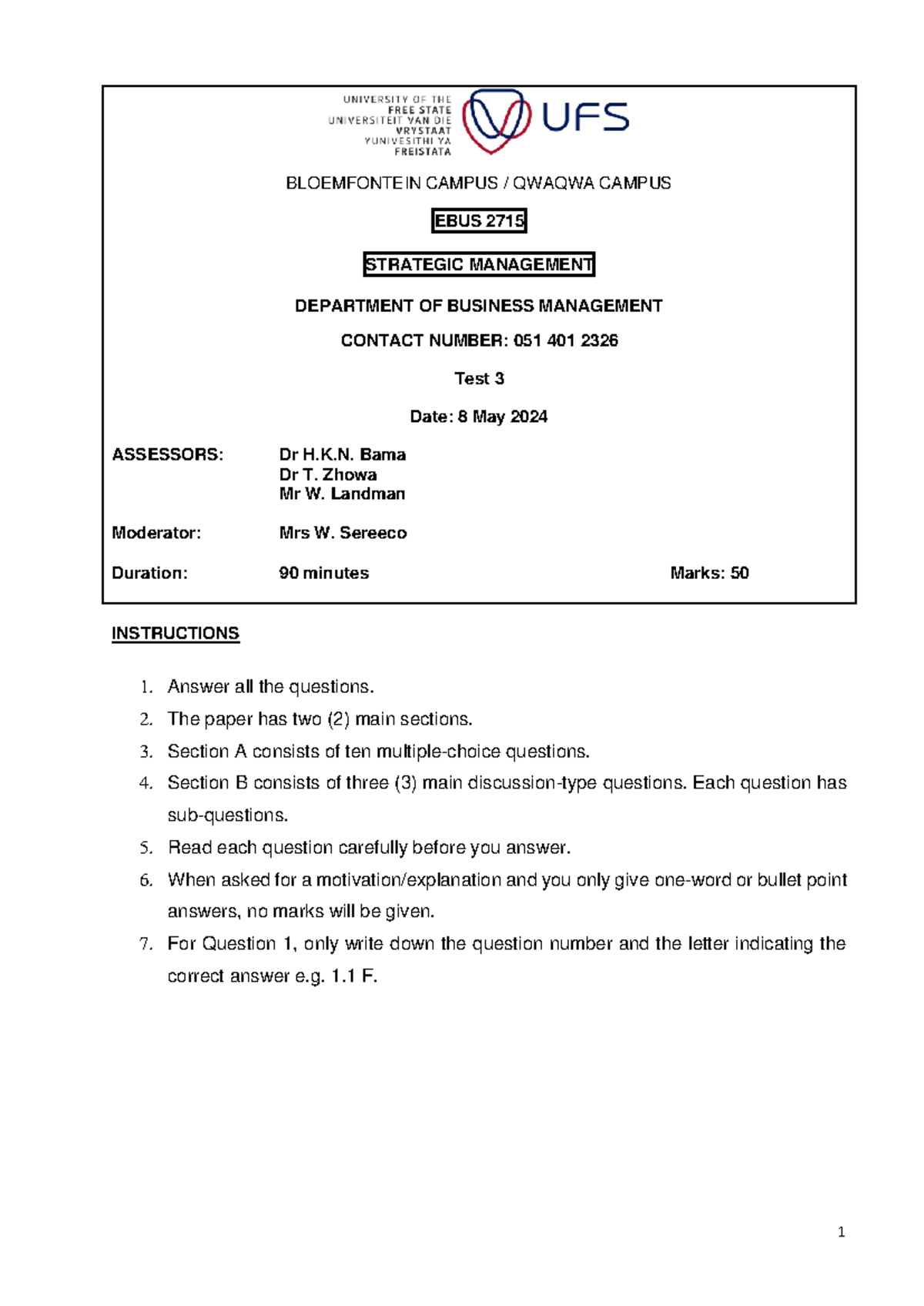 EBUS 2715 Test 3 MEMO - Ebus2715 - BLOEMFONTEIN CAMPUS / QWAQWA CAMPUS ...