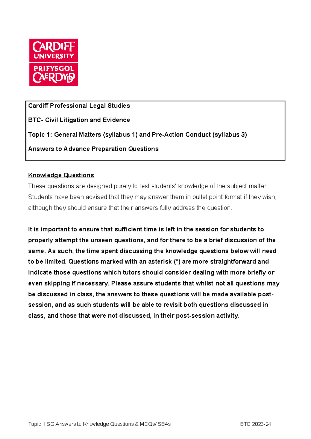 Topic 1 SG Answers to Advance Preparation Questions 24 - Cardiff ...
