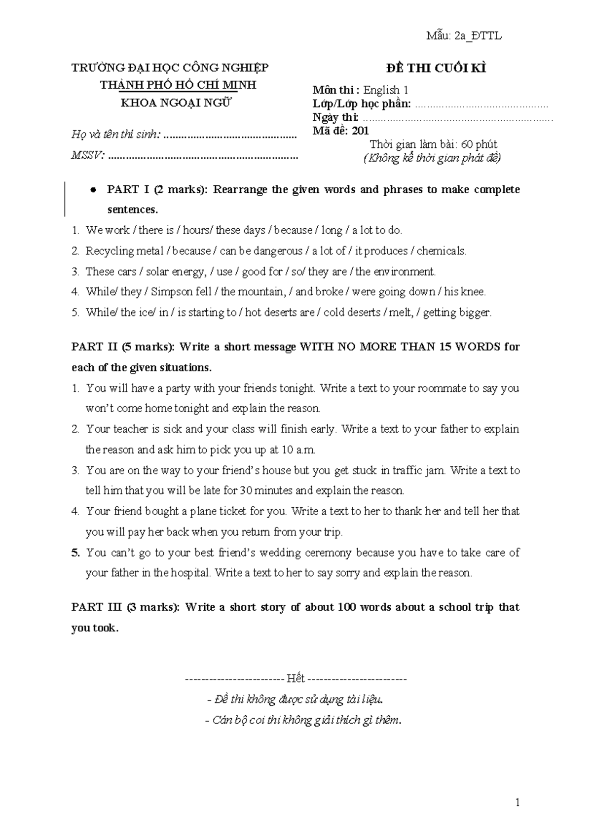 Sample Writing test (AV1 và TA1) - Mẫu: 2a_ĐTTL TRƯỜNG ĐẠI HỌC CÔNG ...