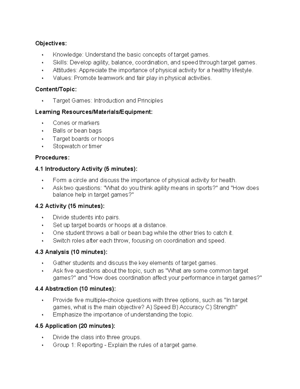 Understand the basic concepts of target games - Skills: Develop agility ...