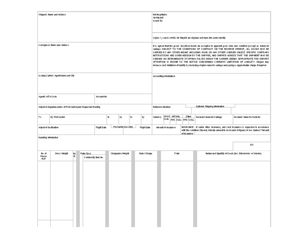 Air Waybill Form Printable Template - Agent's AITA Code Account No. Airport of Departure (Addr ...