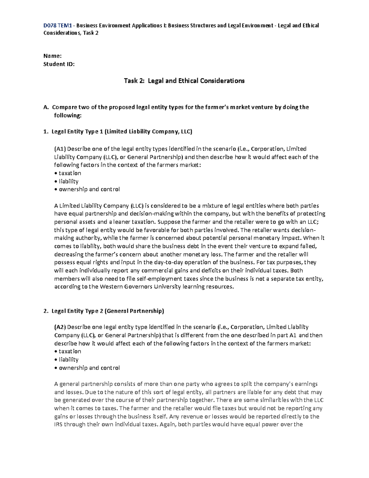 D078 Task 2 Passed first attempt - D078 TEM1 - Business Environment ...