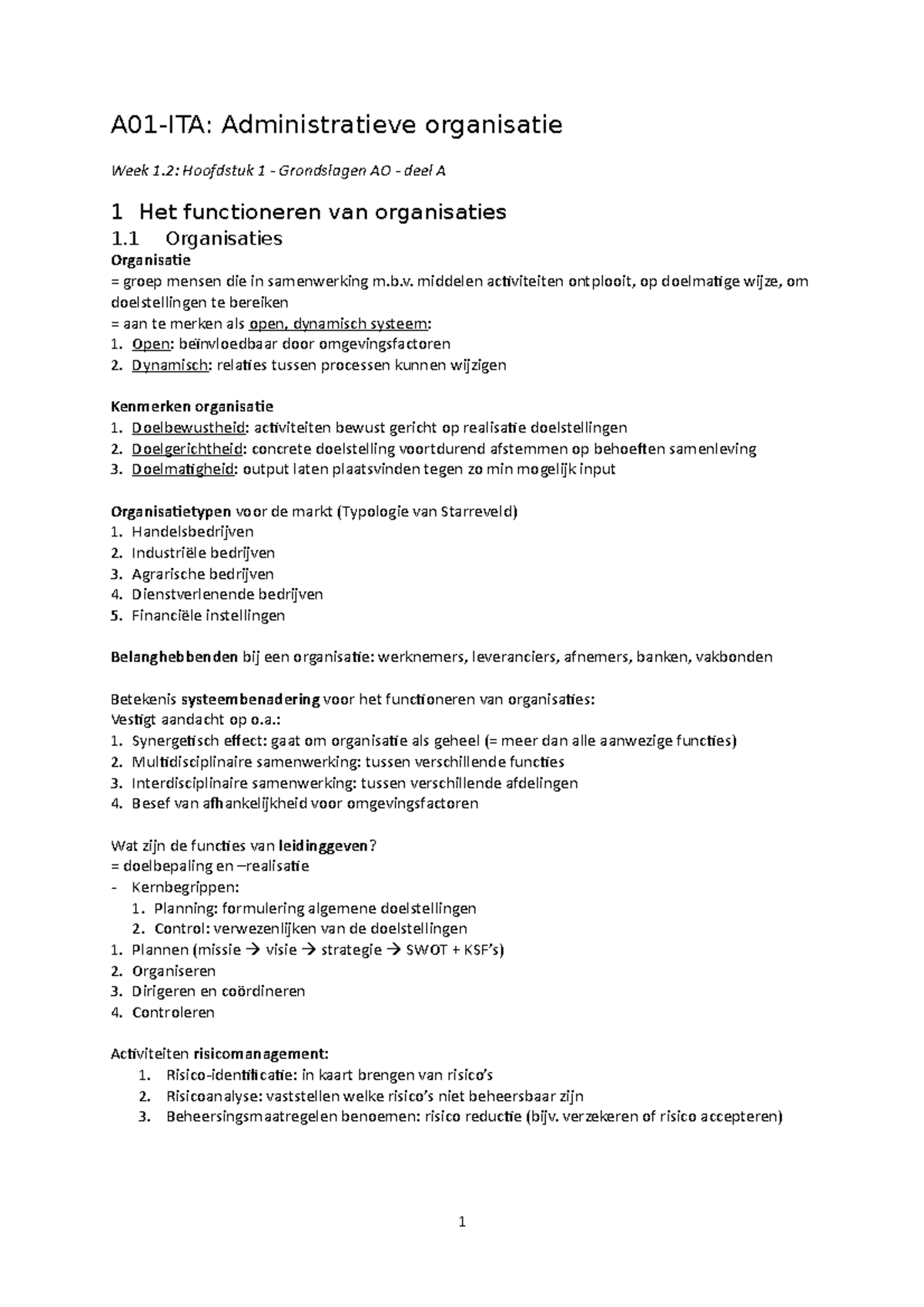 AO Samenvatting - Administratieve Organisatie Week 1: Hoofdstuk 1 ...