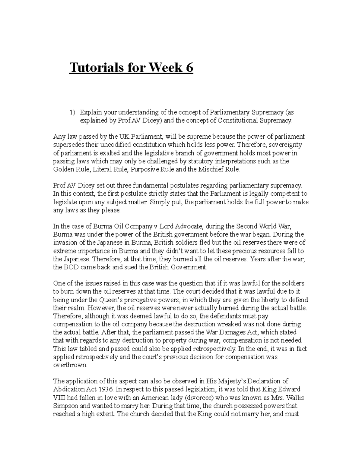 Parl Supremacy - Notes - Tutorials For Week 6 Explain Your ...