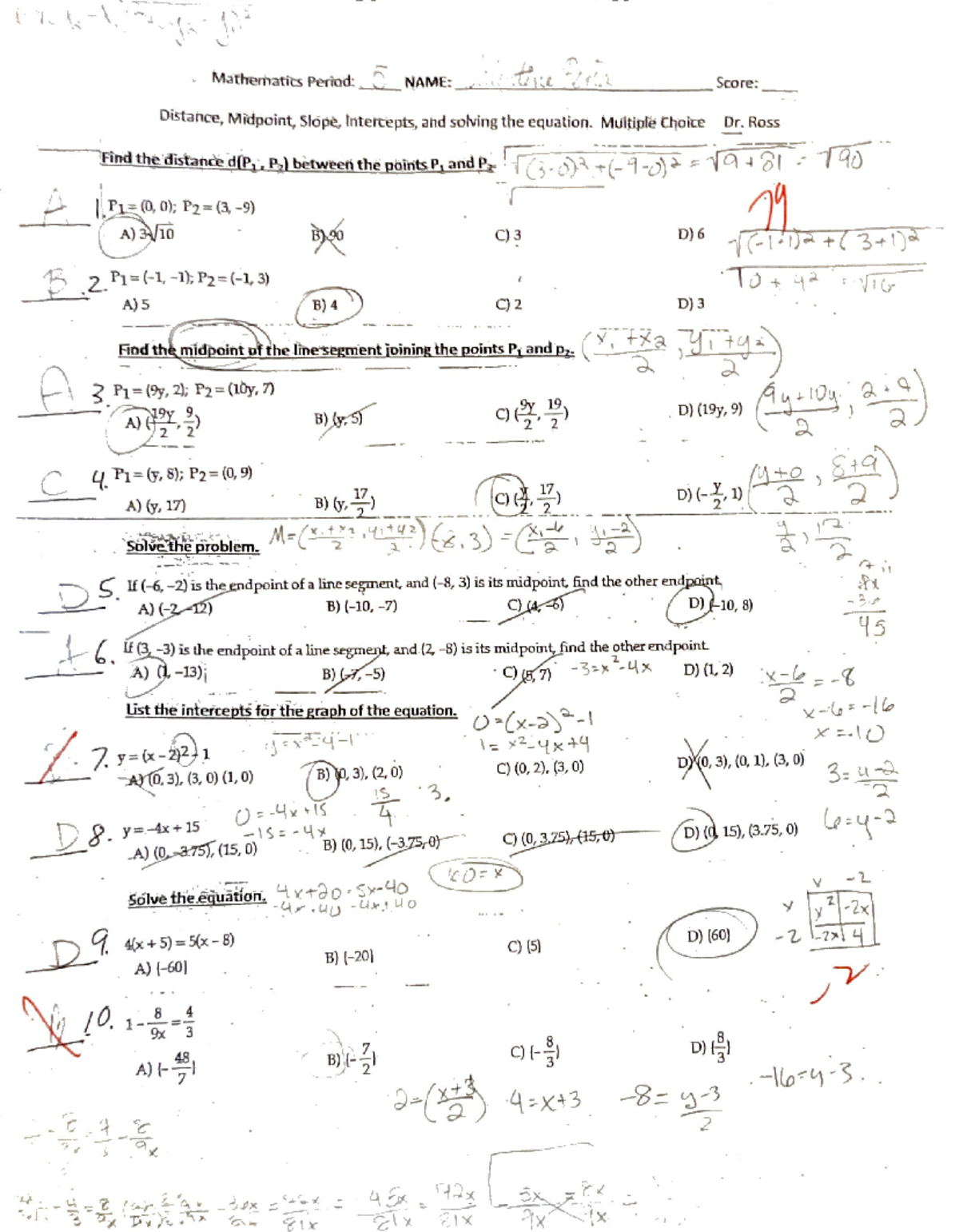 Distance, midpoint, slope, intercepts, and solving the equation - MATH ...