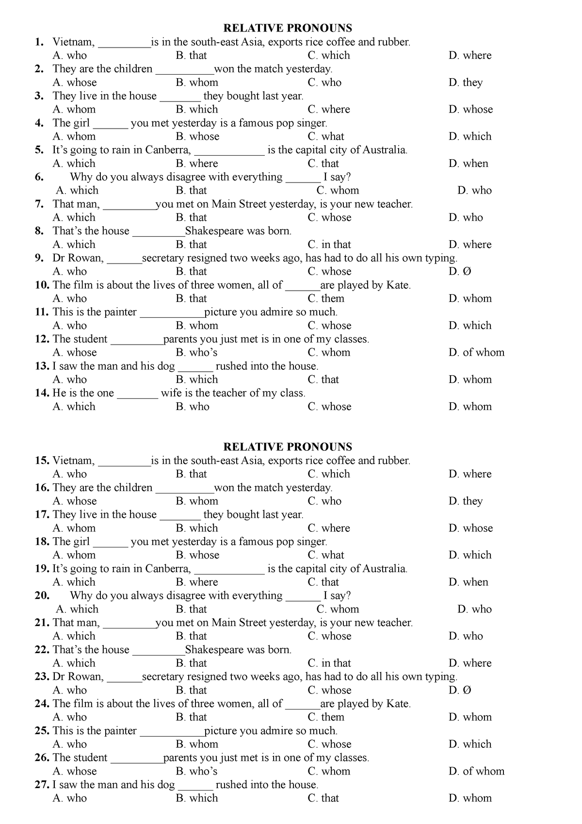 UNIT 9 BÀI TẬP Relative Pronouns - RELATIVE PRONOUNS Vietnam ...