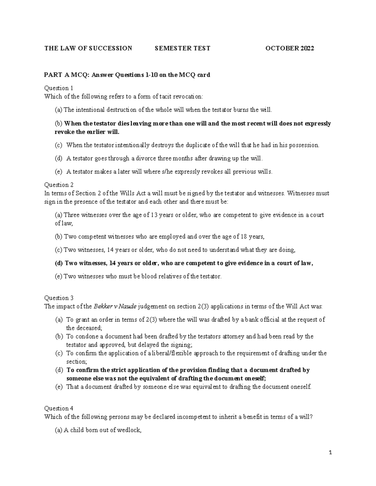 Succession TEST 11 October 2022 MCQ memo - THE LAW OF SUCCESSION ...