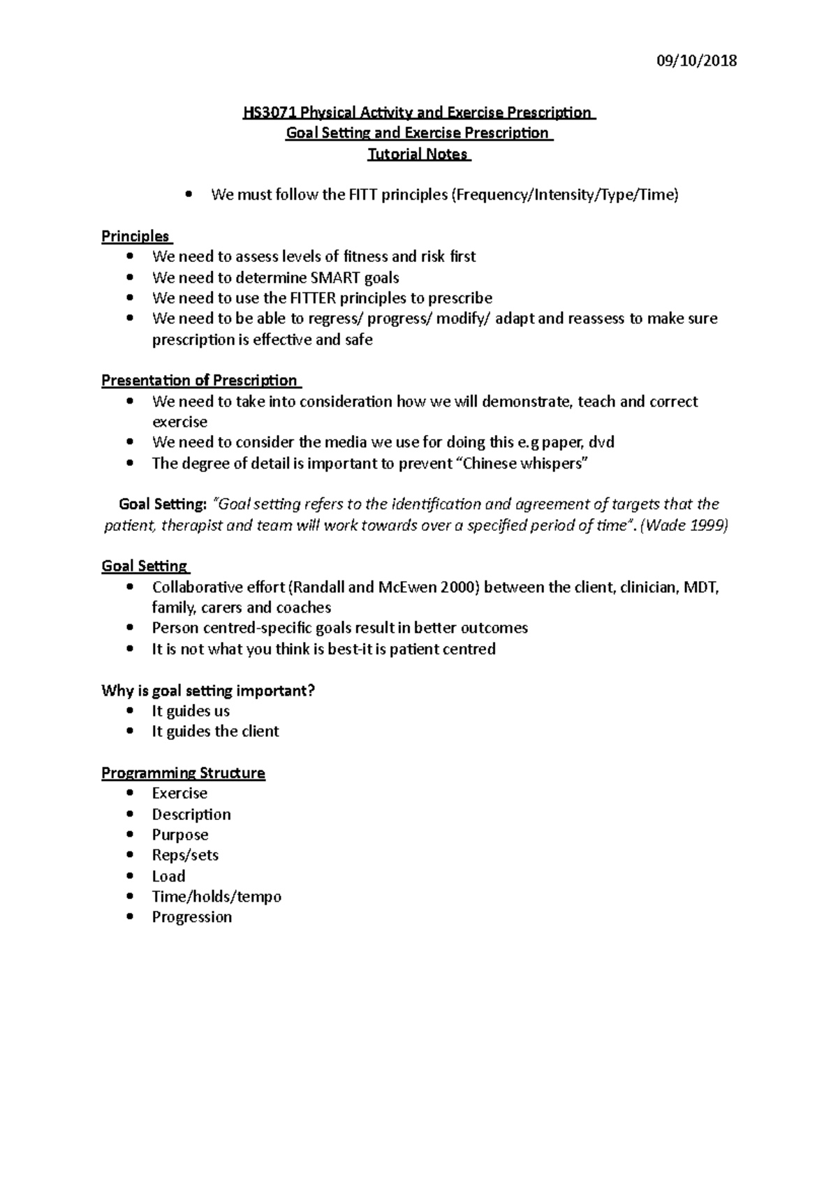 HS3071 Goal Setting Tutorial Notes - HS3071 Physical Activity and ...