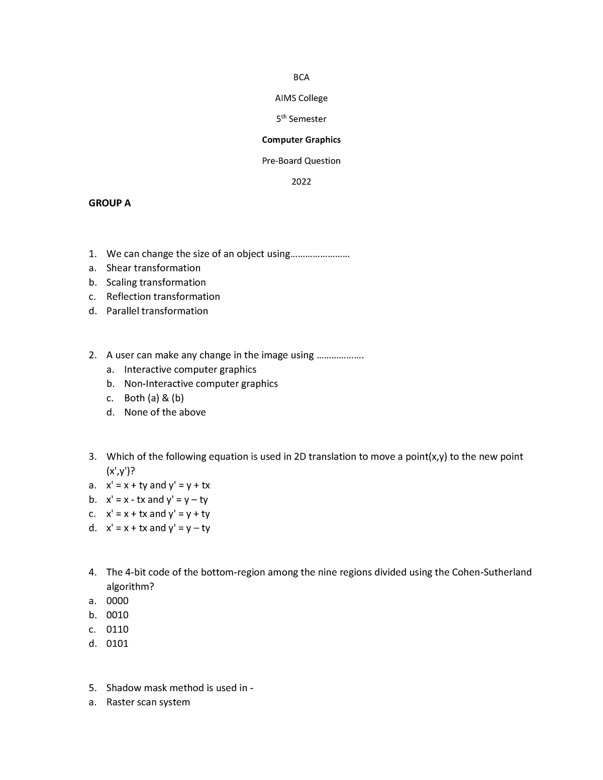 Computer Graphics Bca - Group A Questions - BCA AIMS College 5 Th ...