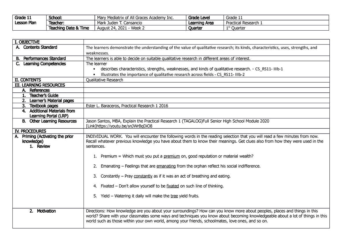 Reading And Writing Grade 11 Lesson Plan