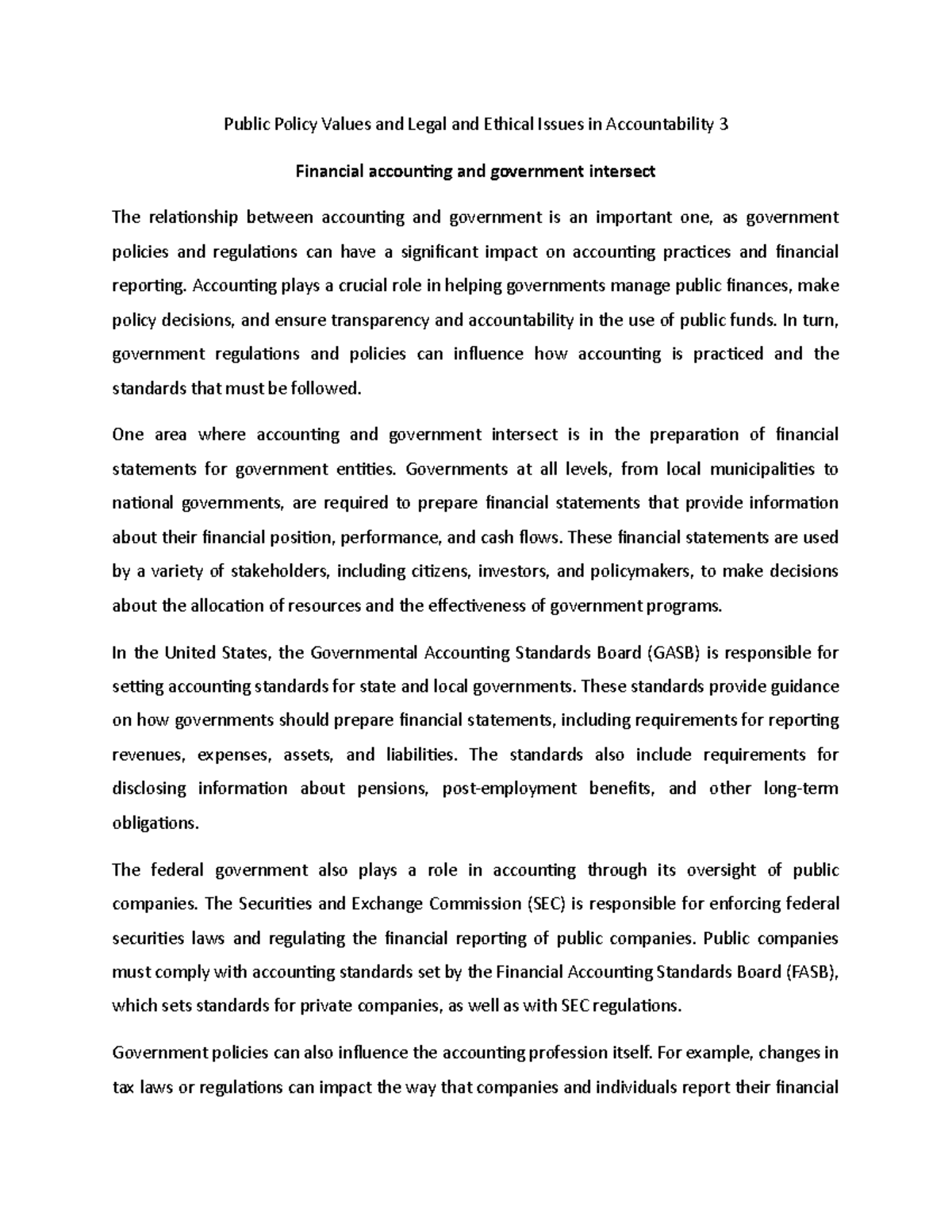 Public Policy Values and Legal and Ethical Issues in Accountability 3 ...