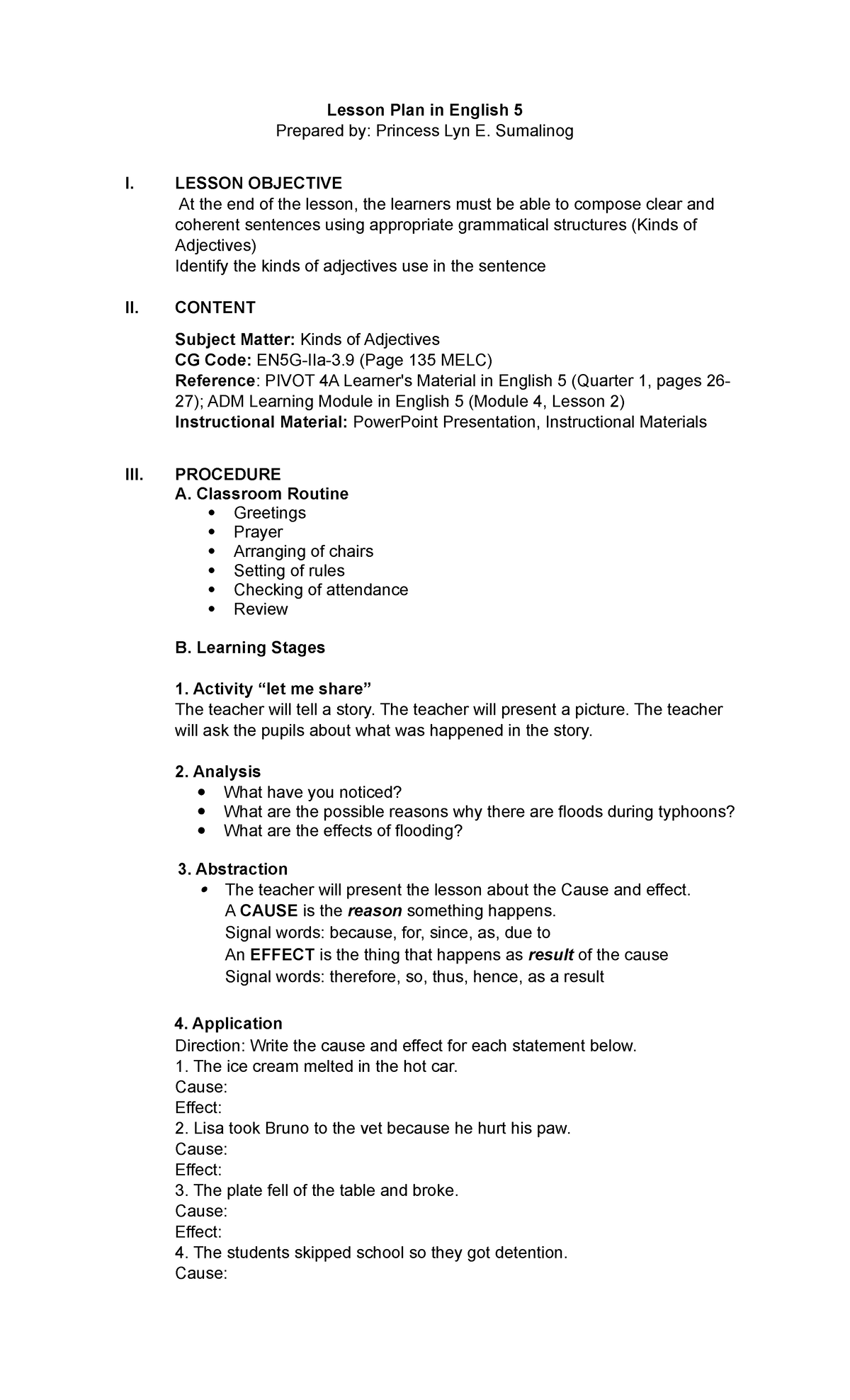 KIND OF Adjectives English 5 - Copy - Copy - Lesson Plan in English 5 ...