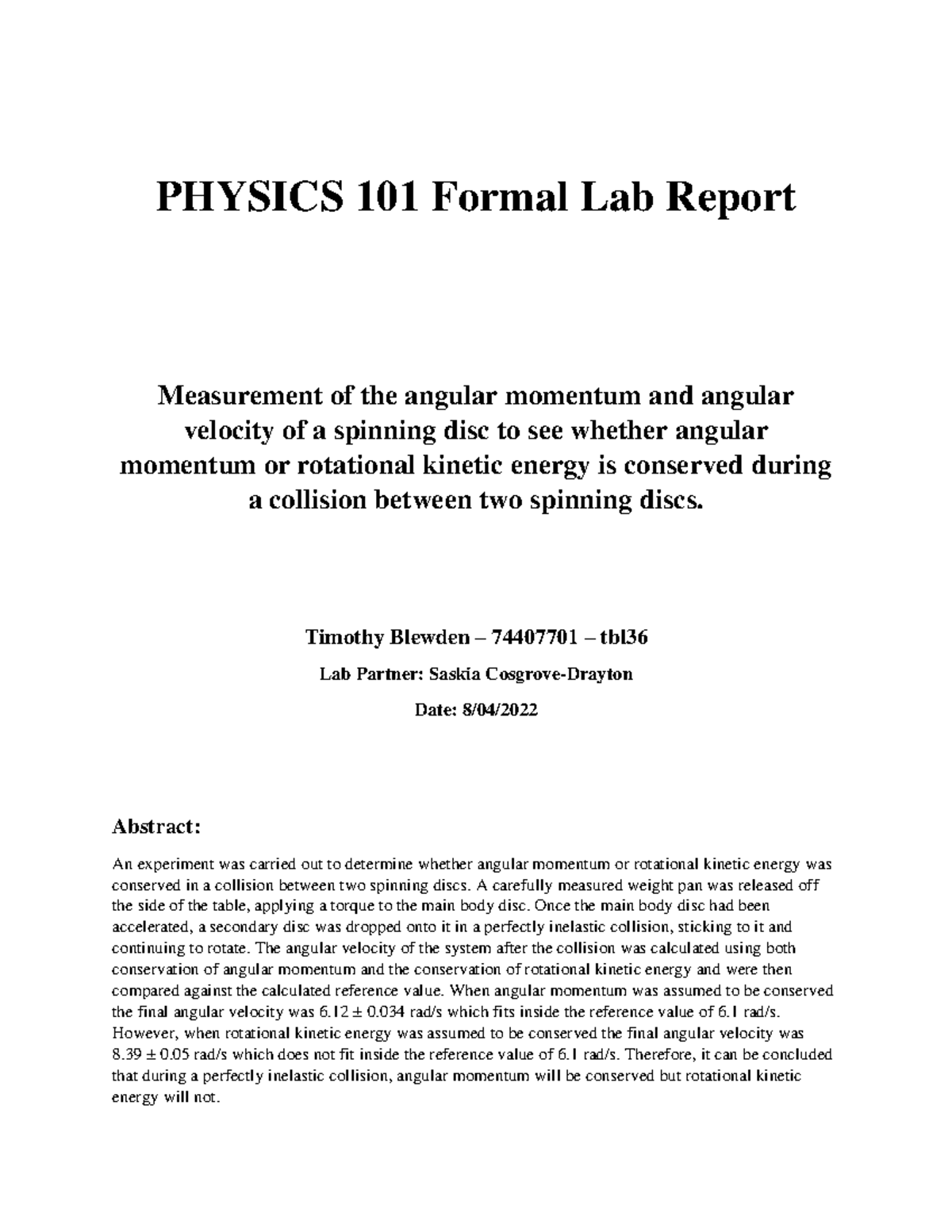 Formal Laboratory Report PHYS101 - PHYSICS 101 Formal Lab Report ...