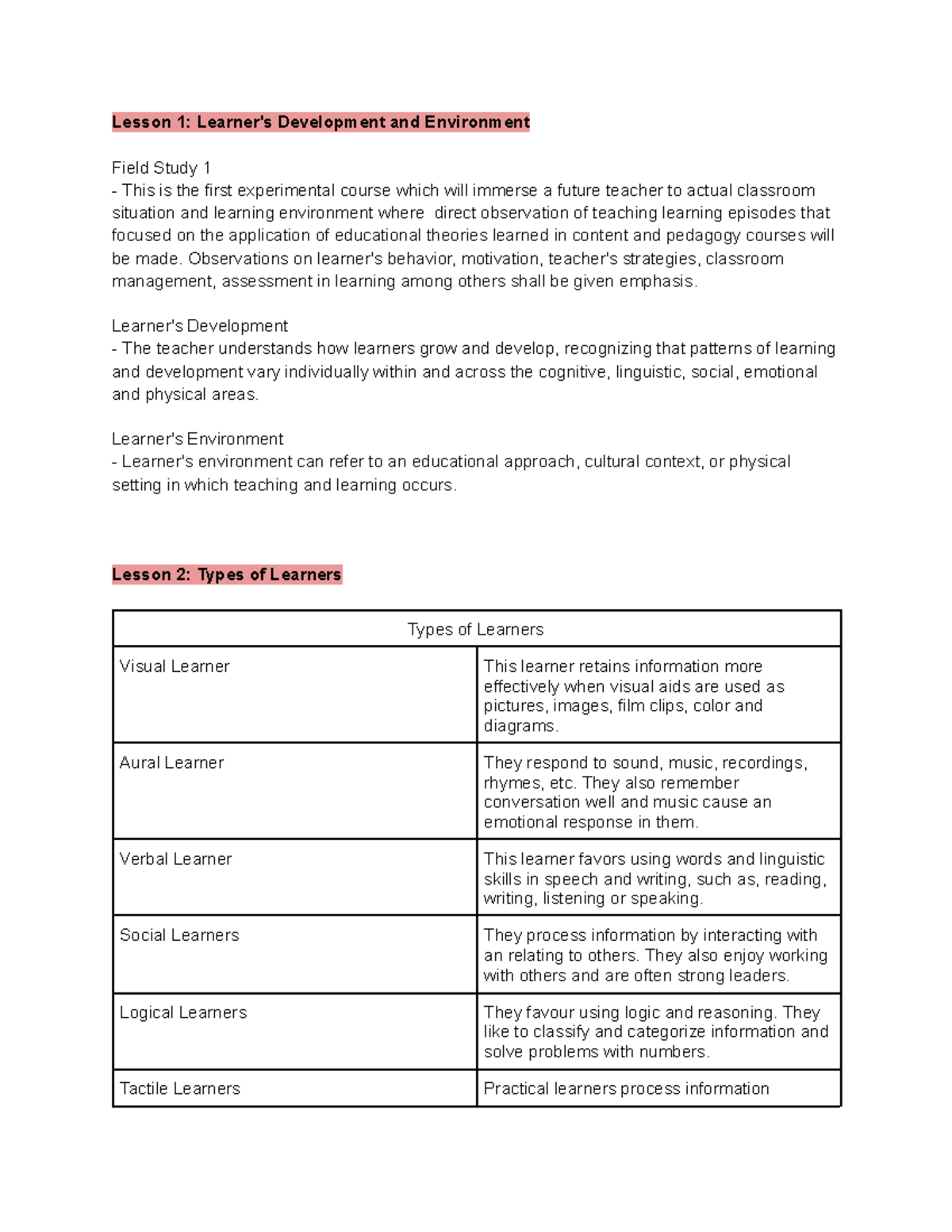 EDU 050 P1 Reviewer Field Study 1 EDU 050 Lesson 1 Learner's