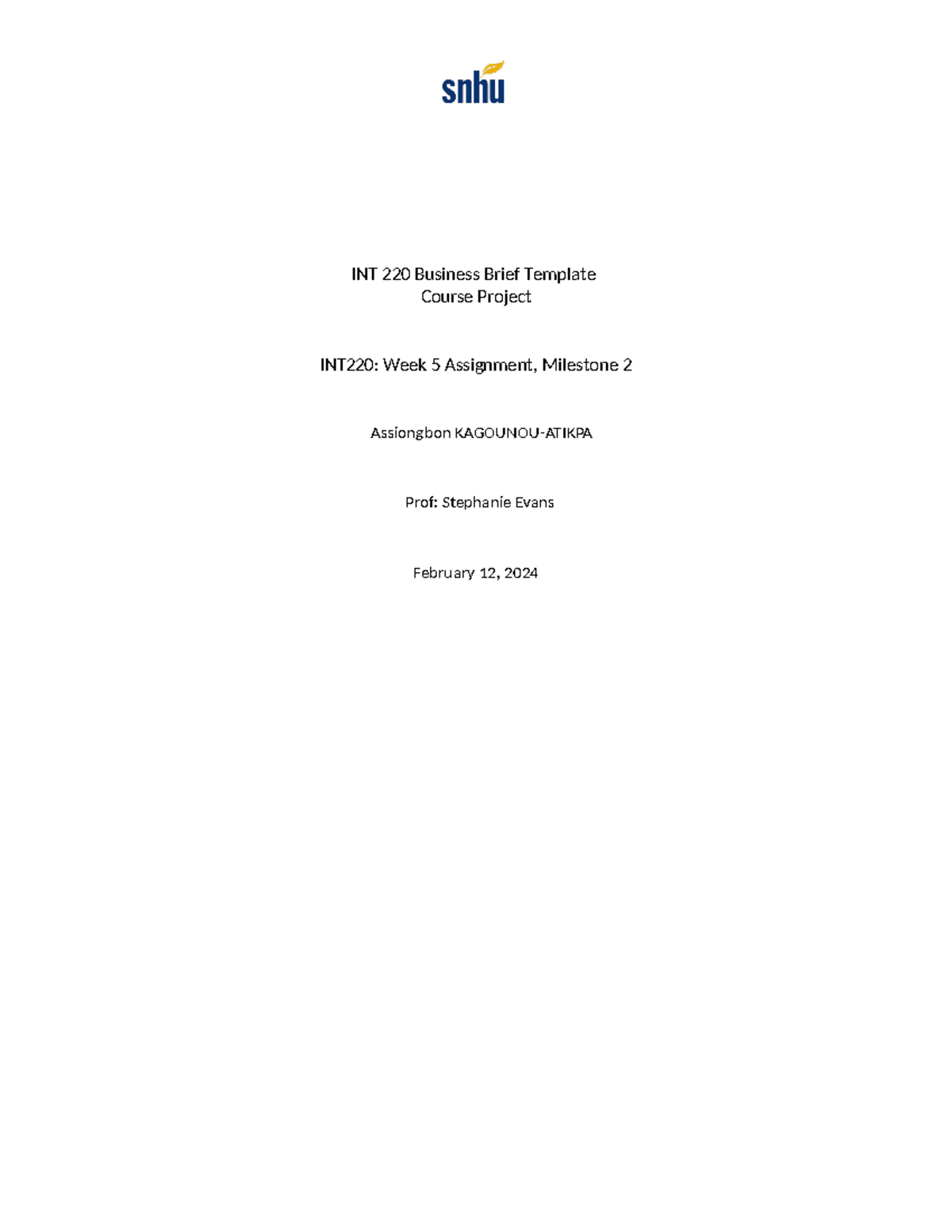 Snhu int 220 wk5 assign milestone 2 int 220 business brief template