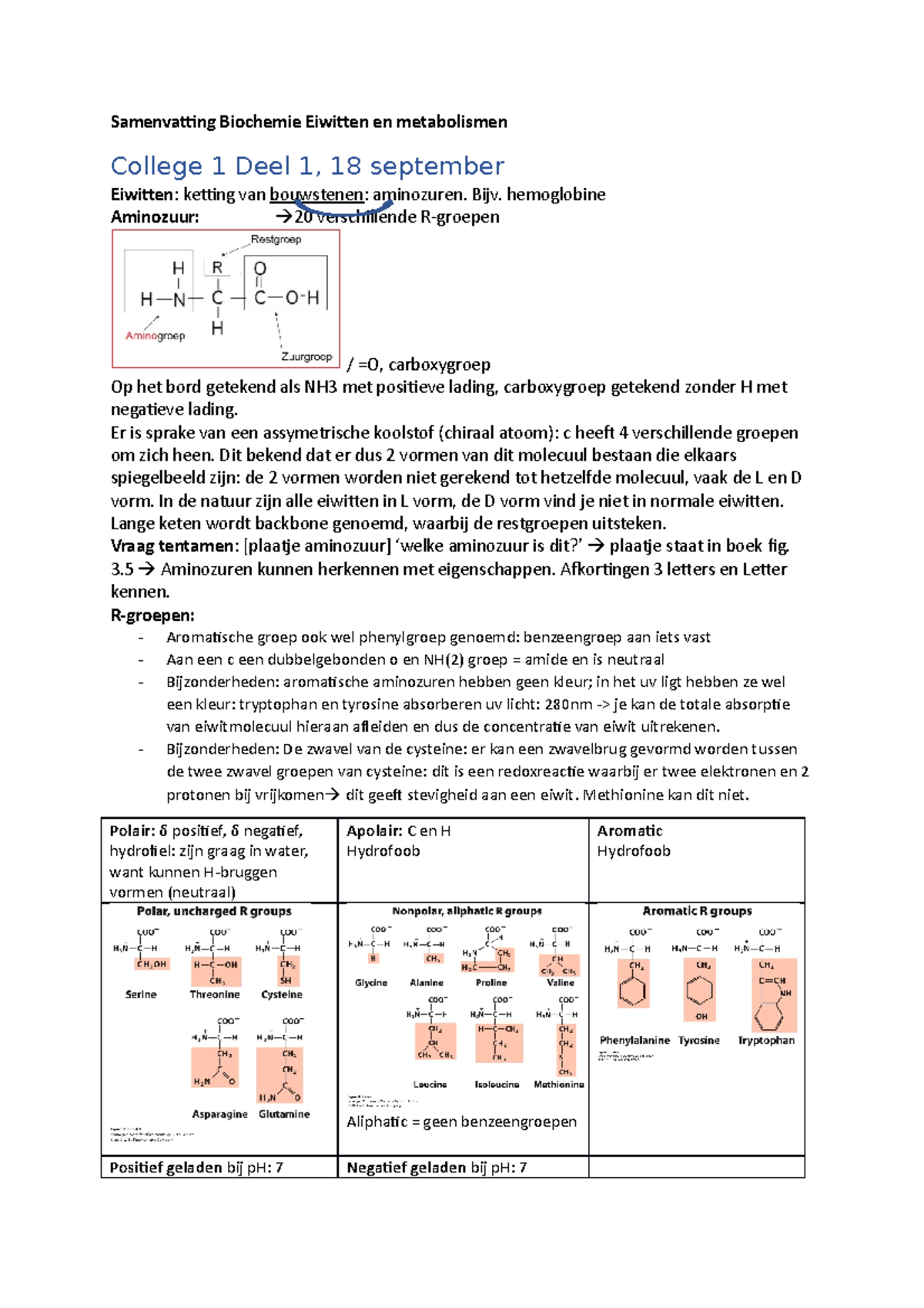 Samenvatting Biochemie Eiwitten En Metabolismen - Bijv. Hemoglobine ...