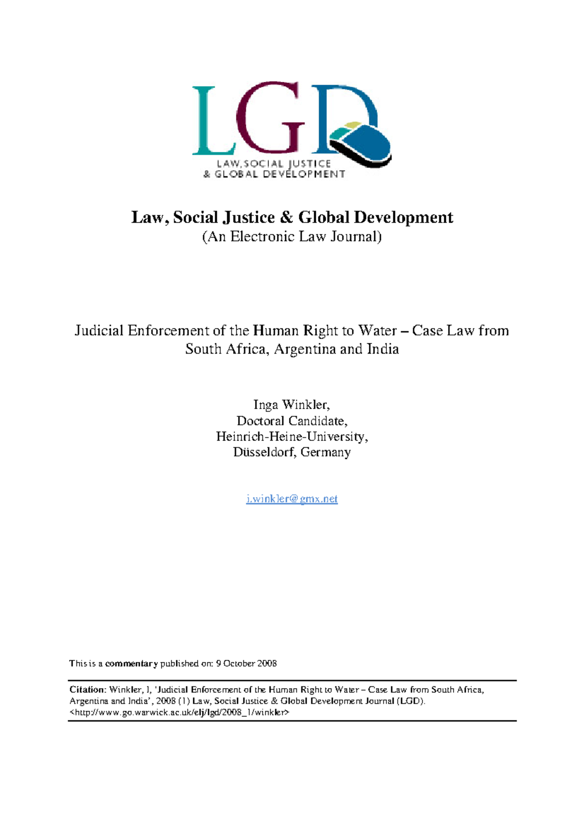 Winkler Research Law, Social Justice & Global Development (An