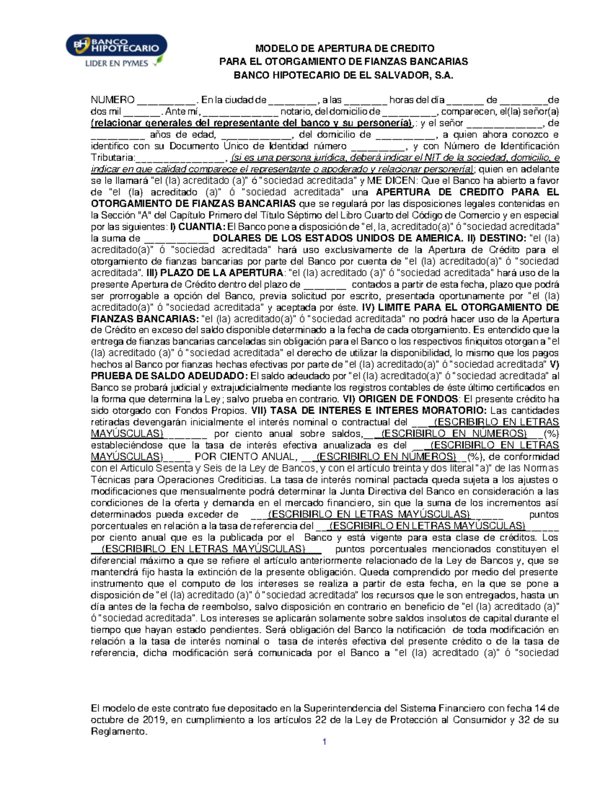 Apertura DE CRÉDITO PARA EL Otorgamiento DE Fianzas Bancarias BH - PARA ...