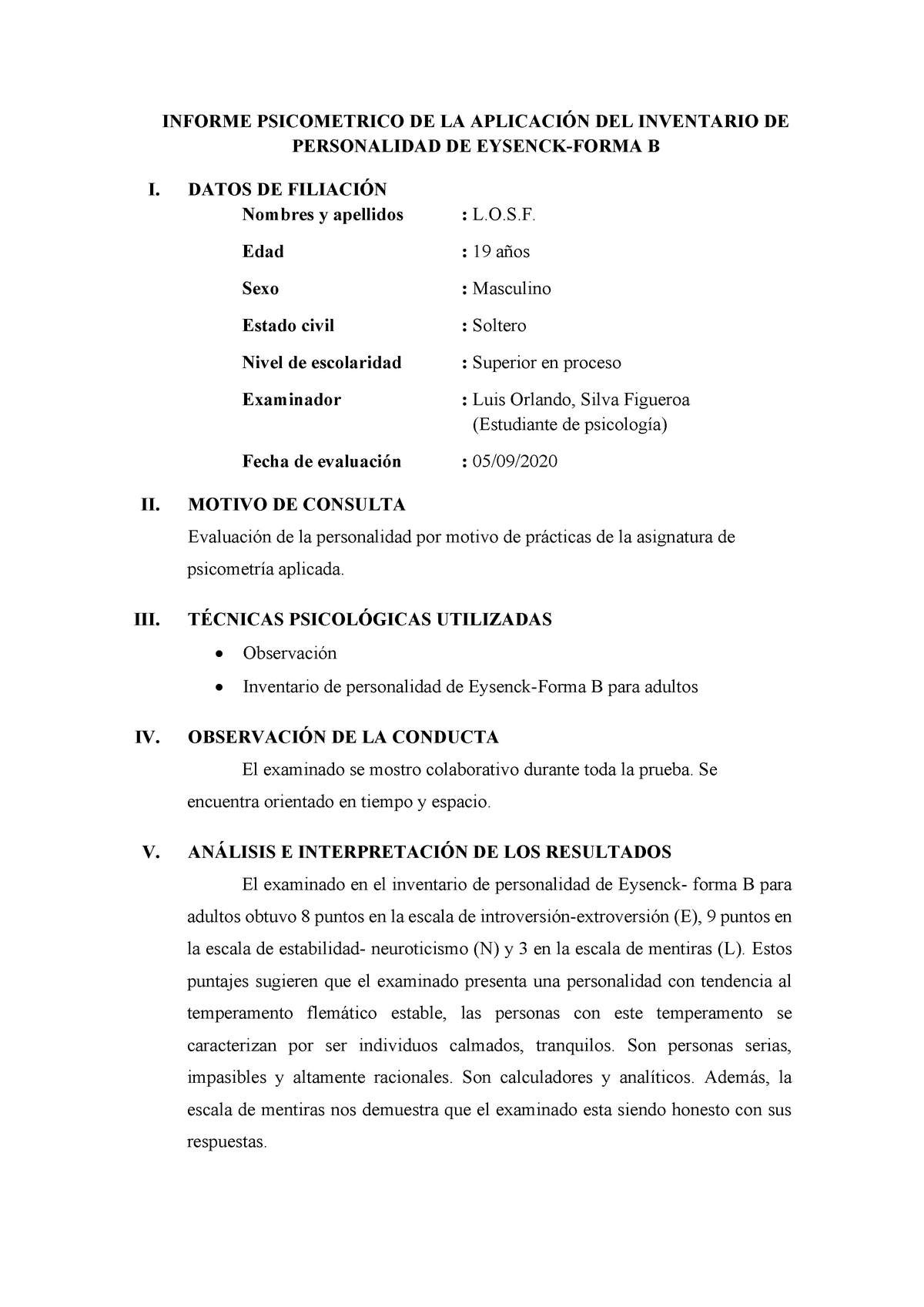 Eysenck- Forma B - Informe - INFORME PSICOMETRICO DE LA APLICACIÓN DEL ...