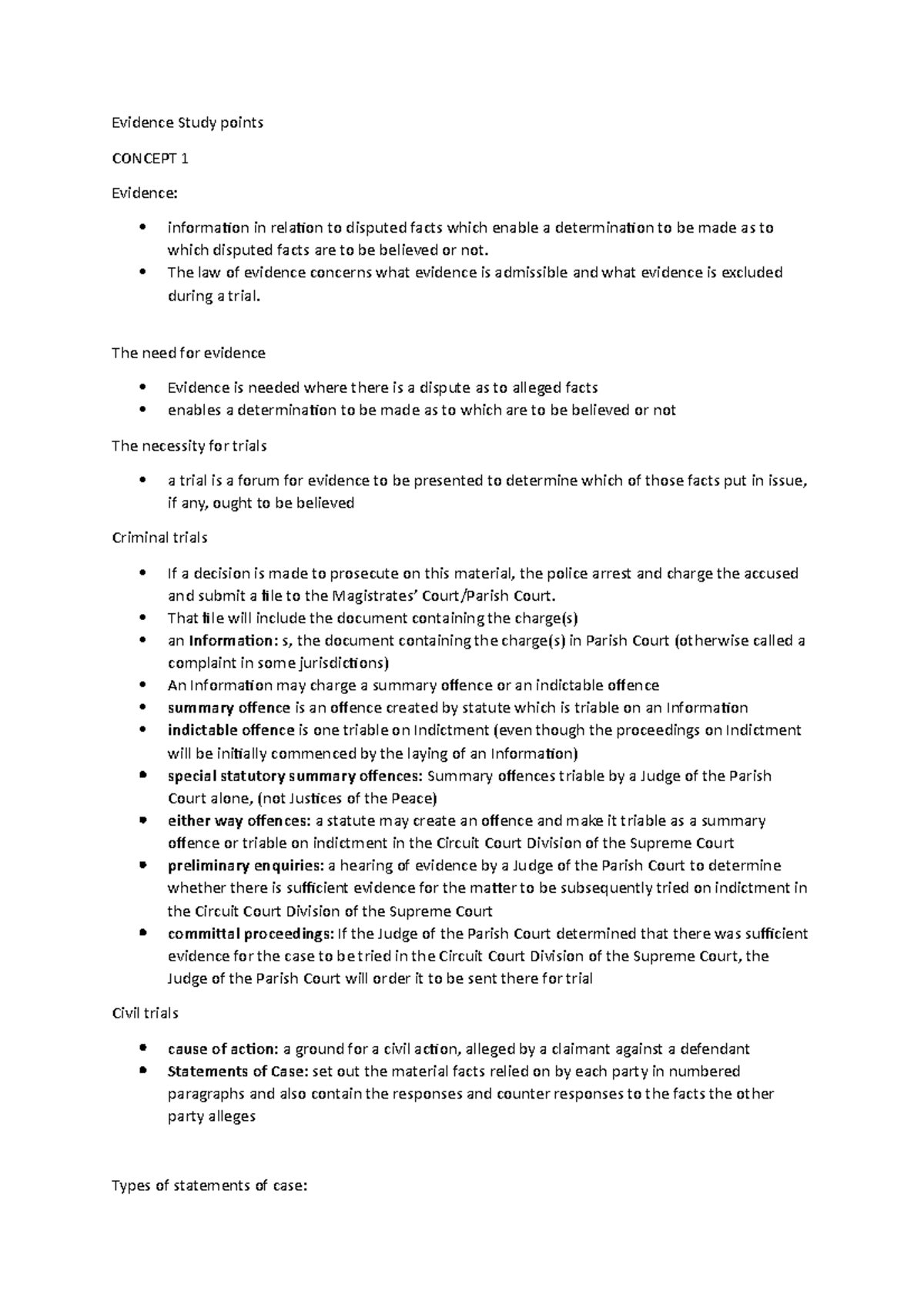 Evidence Study points - Evidence Study points CONCEPT 1 Evidence ...