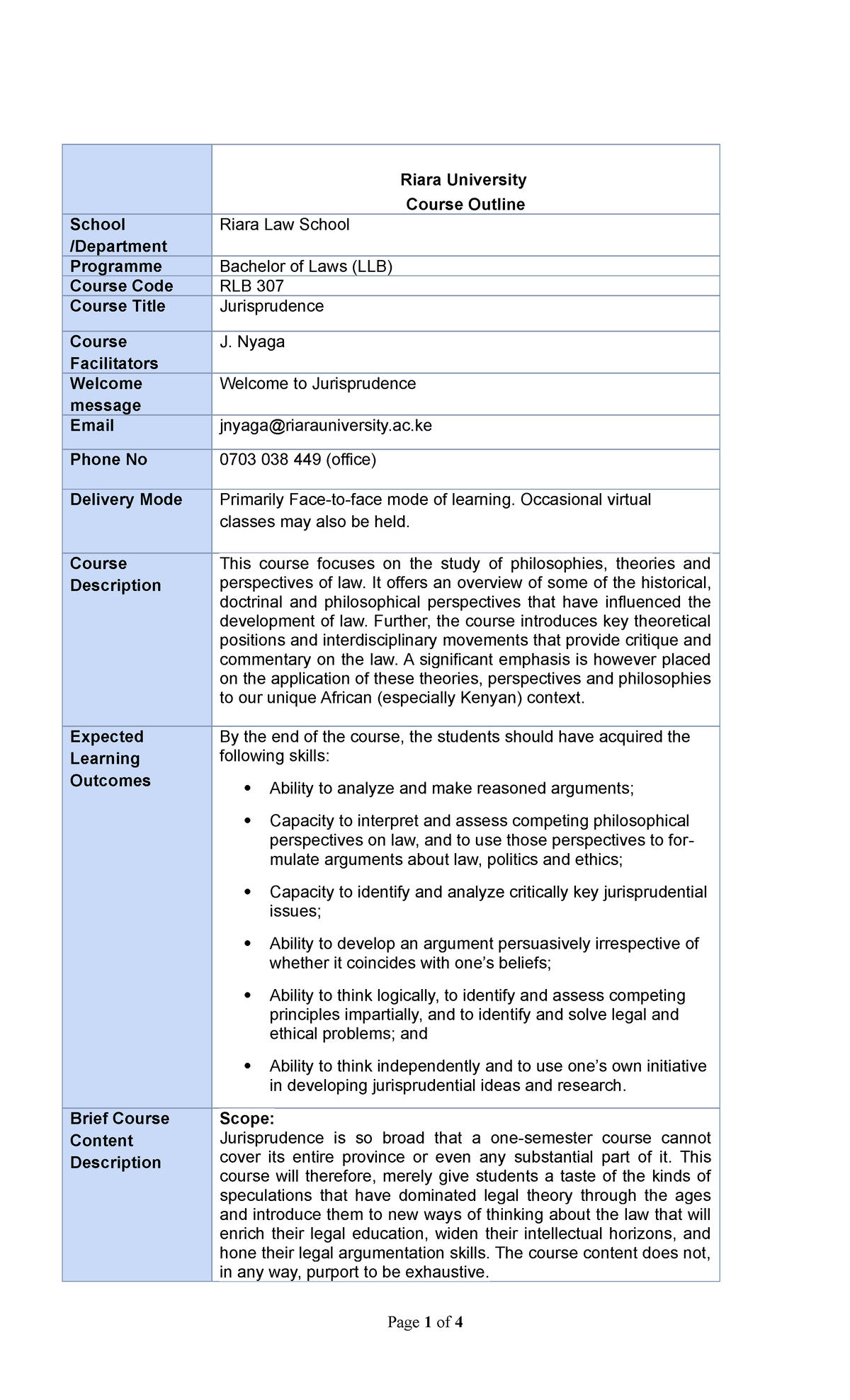 Jurisprudence Course Outline- Jan 2023 - Riara University Course ...