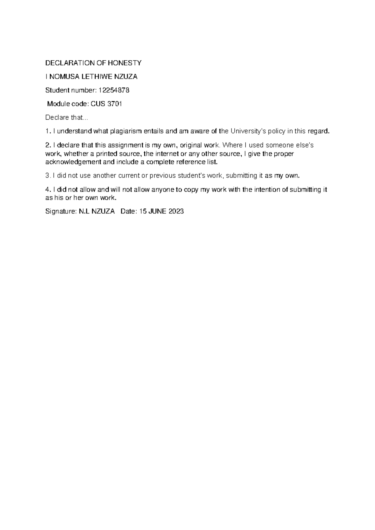 CUS Assignment 2 - DECLARATION OF HONESTY I NOMUSA LETHIWE NZUZA ...