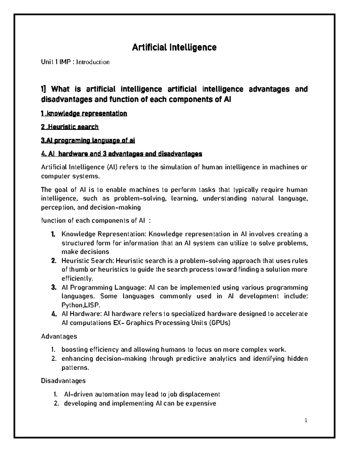 AI unit 1 IMP batnotes - Notes - Artificial Intelligence Unit 1 IMP ...