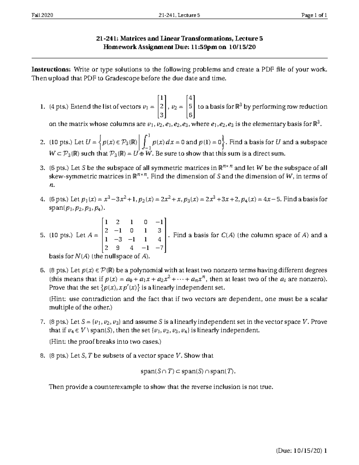 Hwk1009 21 241 Matrix Algebra Cmu Studocu