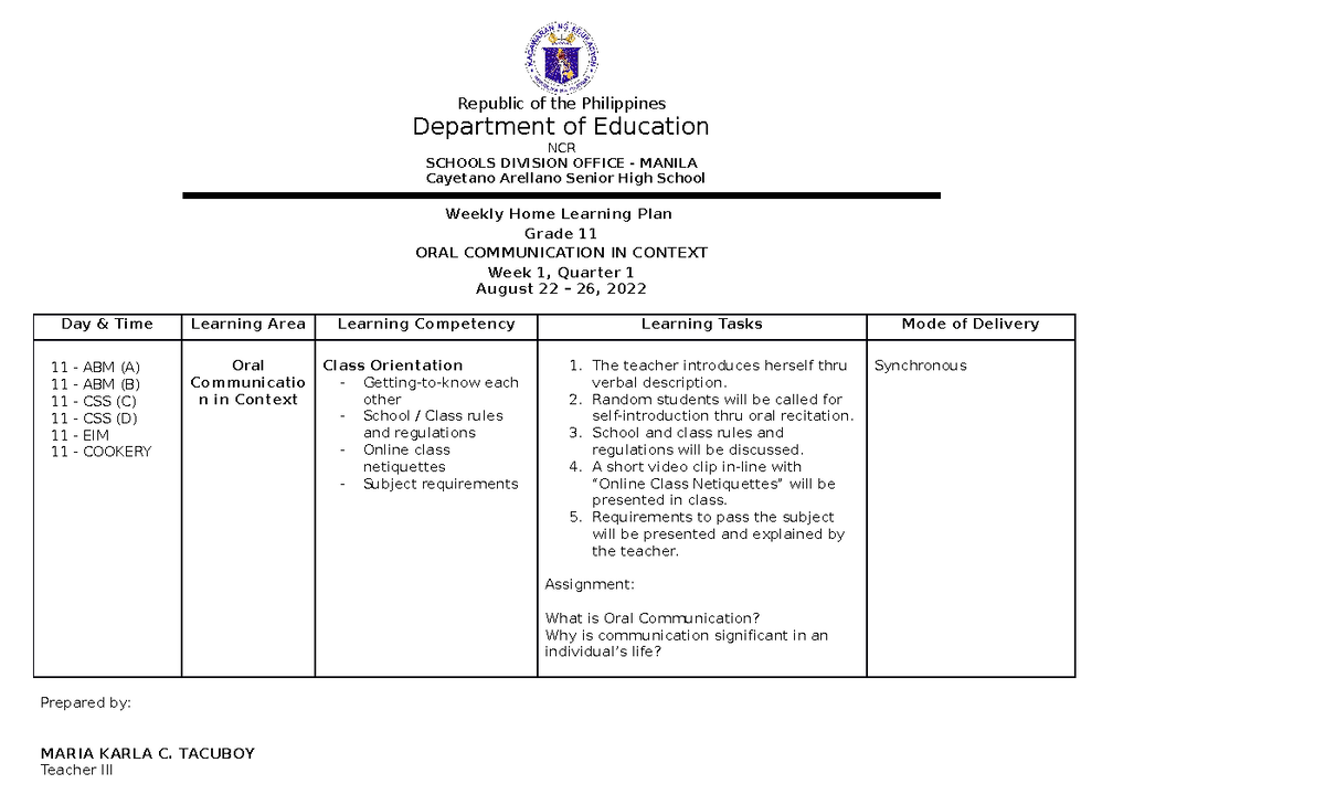 Oral Comm- Week 1, Quarter 1 - Republic of the Philippines Department ...