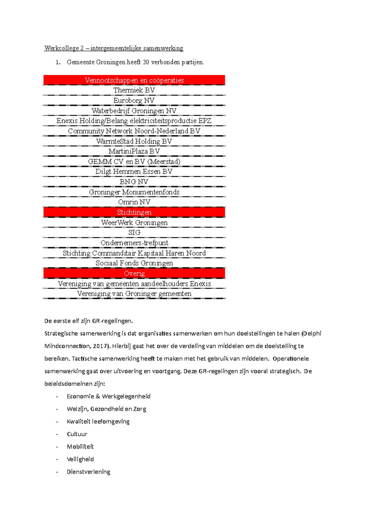 Binnenlands Bestuur- Werkcollege 2 - Werkcollege 2 – Intergemeentelijke ...