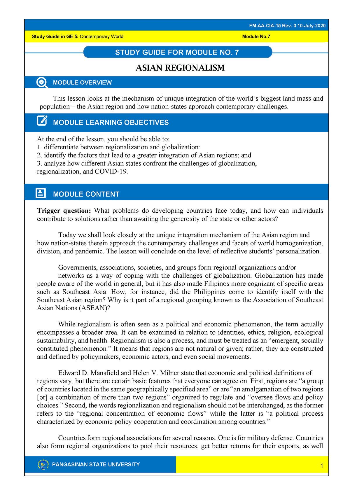 TCW Module 7 Asian Regionalism - Bachelor of science in business ...