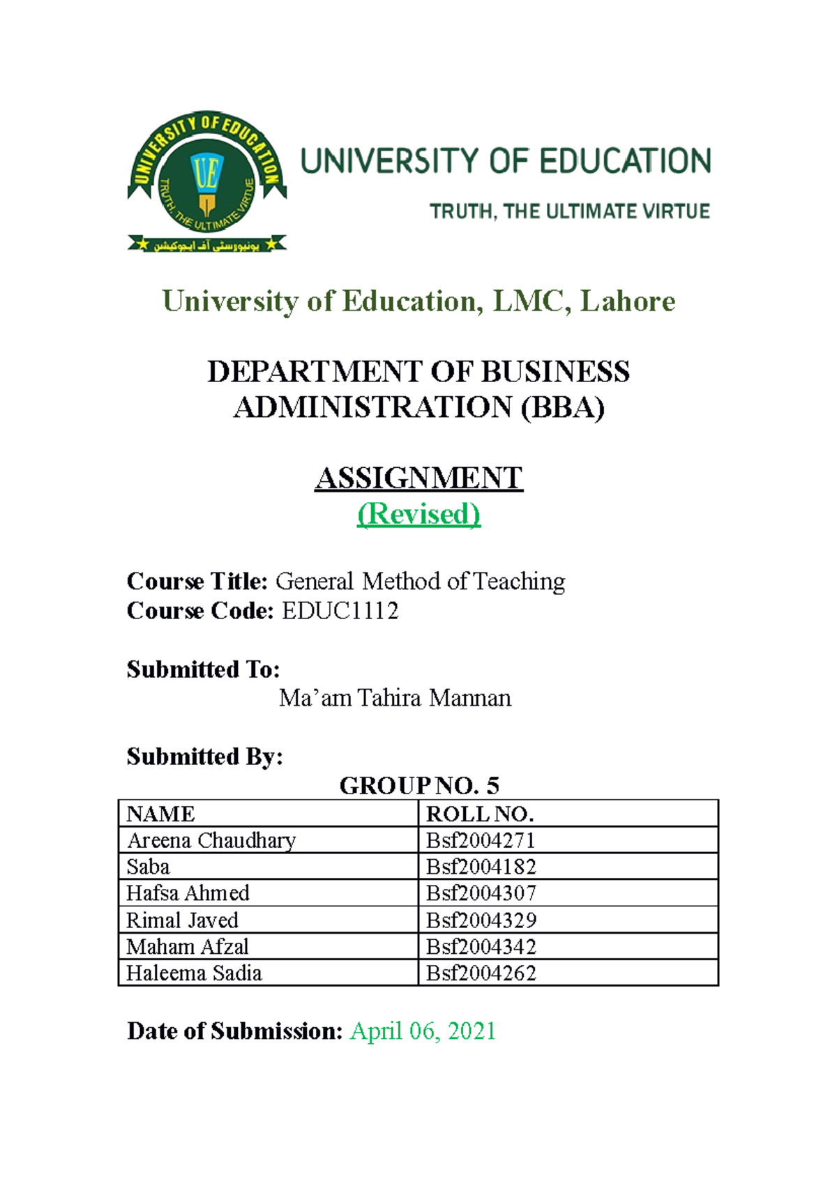 GMT Assignment (Revised) Sec. B Group 5 University of Education, LMC