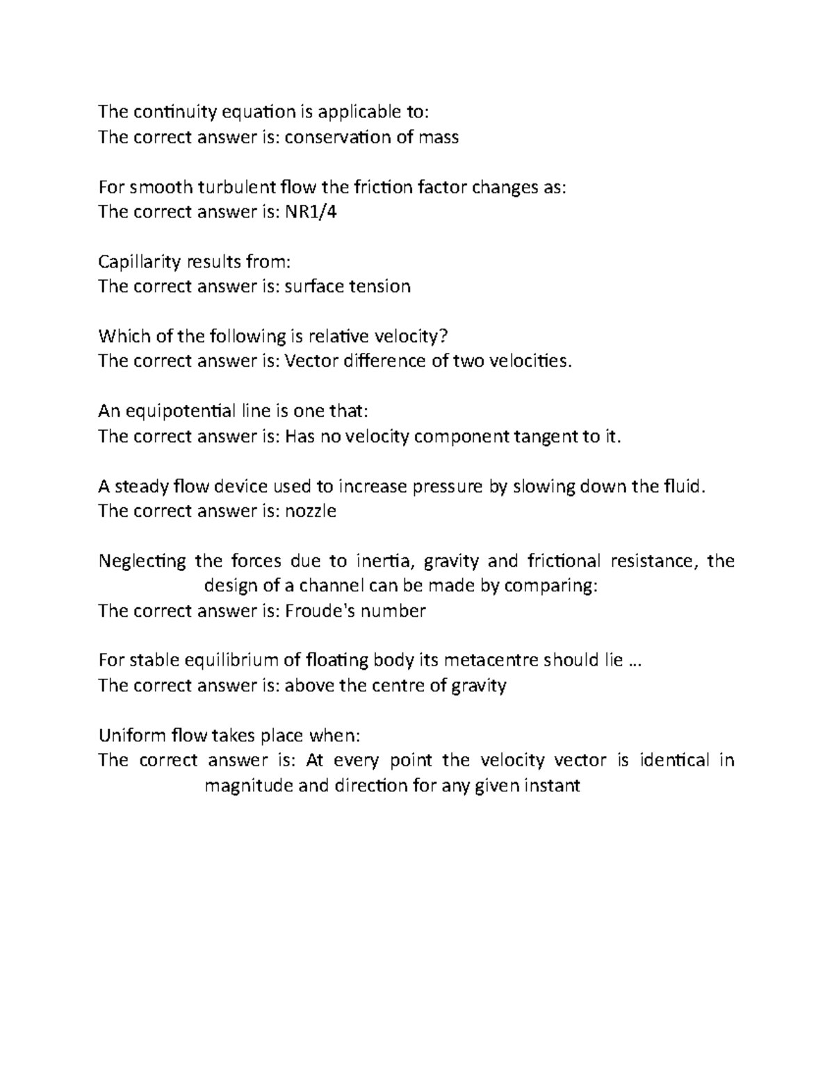 Mechanical Engineering Questions (15) The continuity equation is