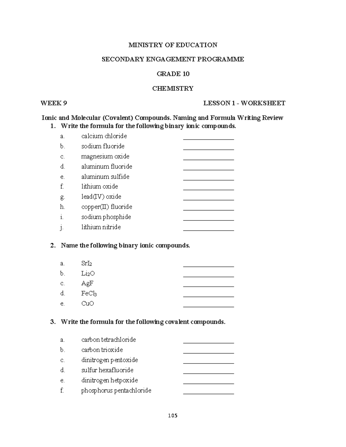 Grade 10 Chemistry Week 9 Lesson 1 Worksheet 1 and Solutions - MINISTRY ...