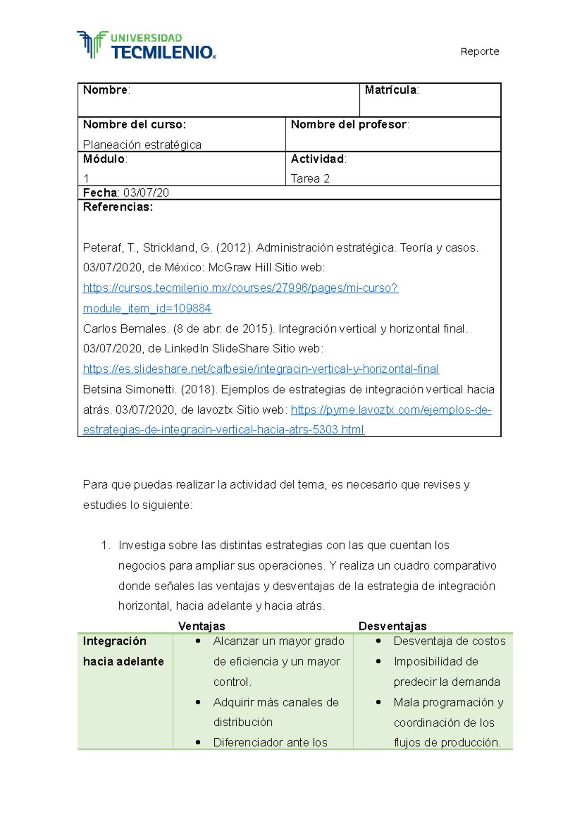 Tarea 2 - Nombre: Matrícula: Nombre Del Curso: Planeación Estratégica ...