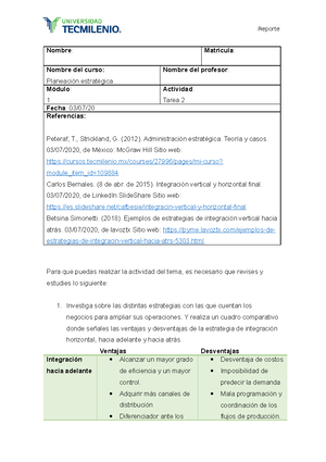 Tarea 1 planeacion estrategica - Nombre: Matrícula: Nombre del curso ...