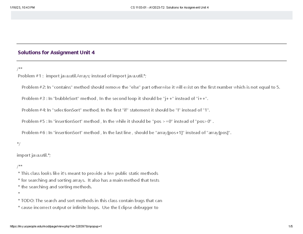 CS 1103-01 - AY2023-T2 Solutions For Assignment Unit 4 - Solutions For ...