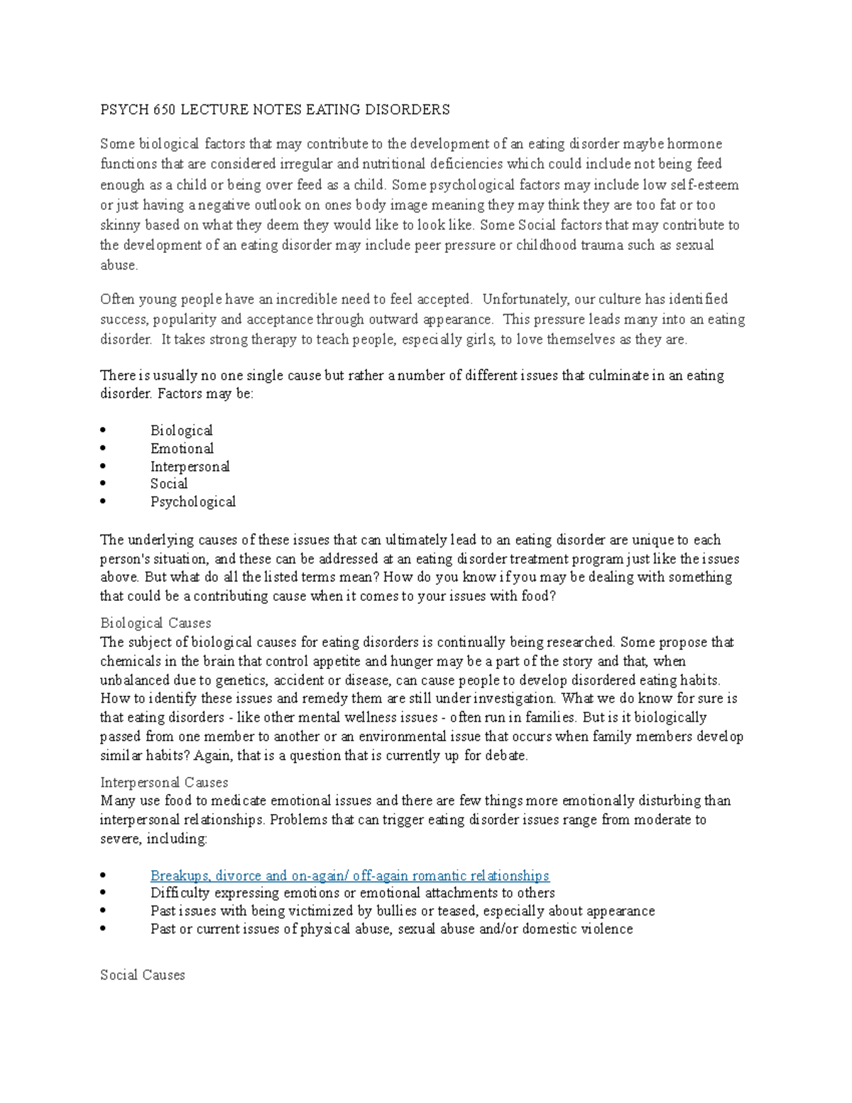 PSYCH 650 Lecture Notes Eating Disorders - PSYCH 650 LECTURE NOTES ...