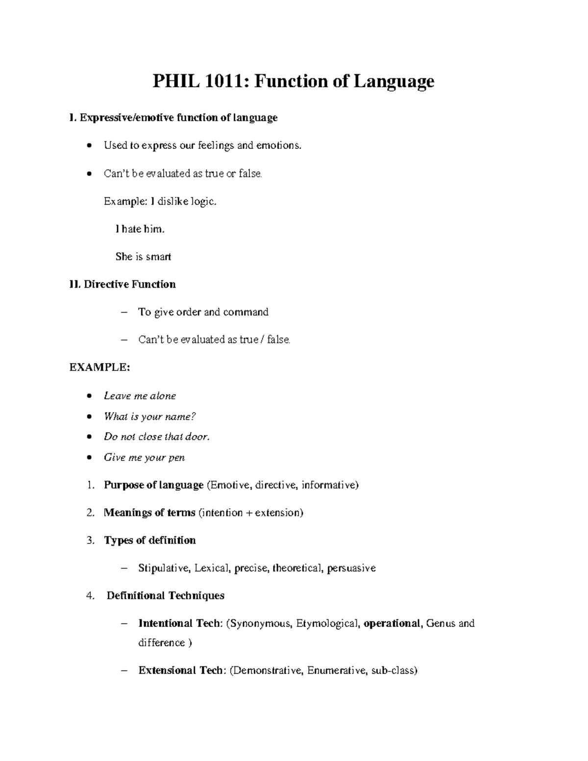 Function of Language - Lecture notes 1 - PHIL 1011: Function of ...