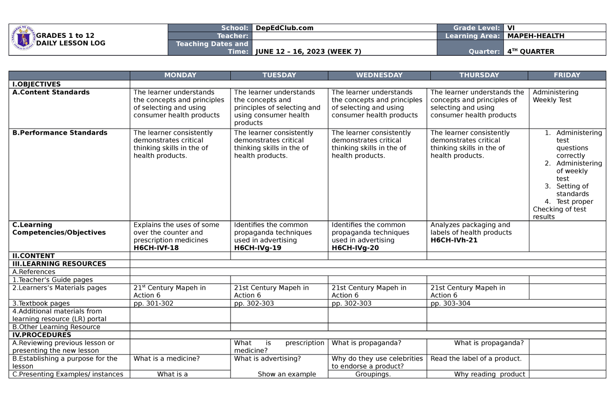 DLL Mapeh 6 Q4 W7 - fff - GRADES 1 to 12 DAILY LESSON LOG School ...