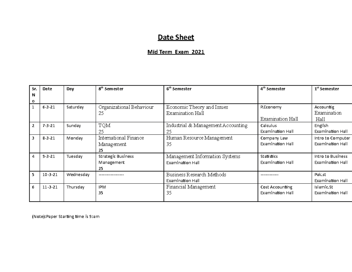 1614706095672 date sheet - Date Sheet Mid Term Exam 2021 Sr. N o Date