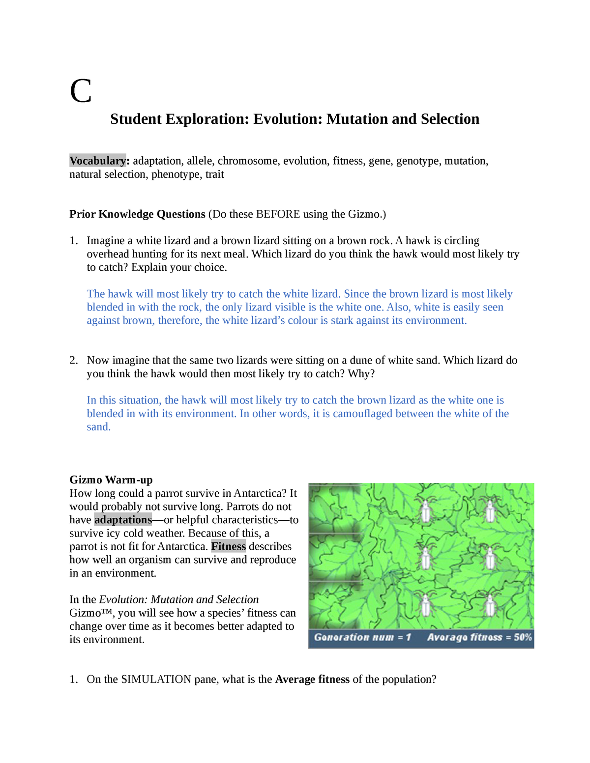 C Student Exploration Evolution Mutation and Selection - C Student  Exploration: Evolution: Mutation - Studocu