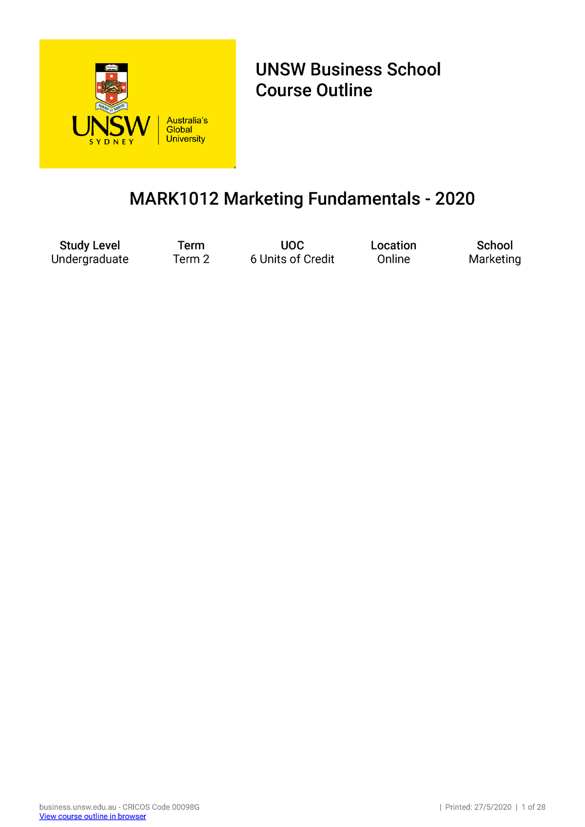 Course Outline - UNSW Business School Course Outline MARK1012 Marketing ...