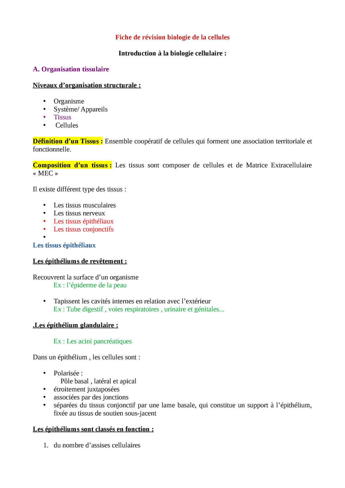 Fiche De Revision Biologie Fiche de révision 2 Biologie cellulaire - UPS - Studocu