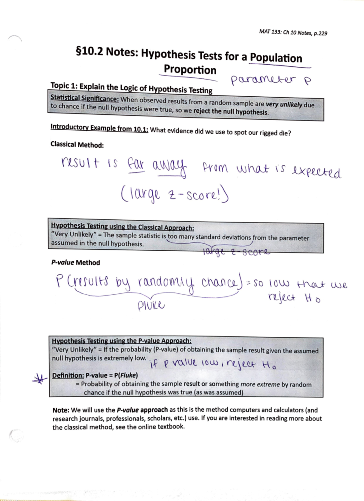 10 - Lecture notes 10.2 - I §10 Notes: Hypothesis Tests for a ...